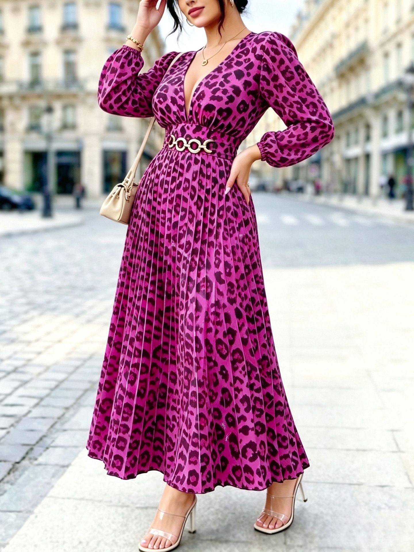 Women’s Plus Size V-Neck Leopard Print Panelled Midi Dress with Waist Belt