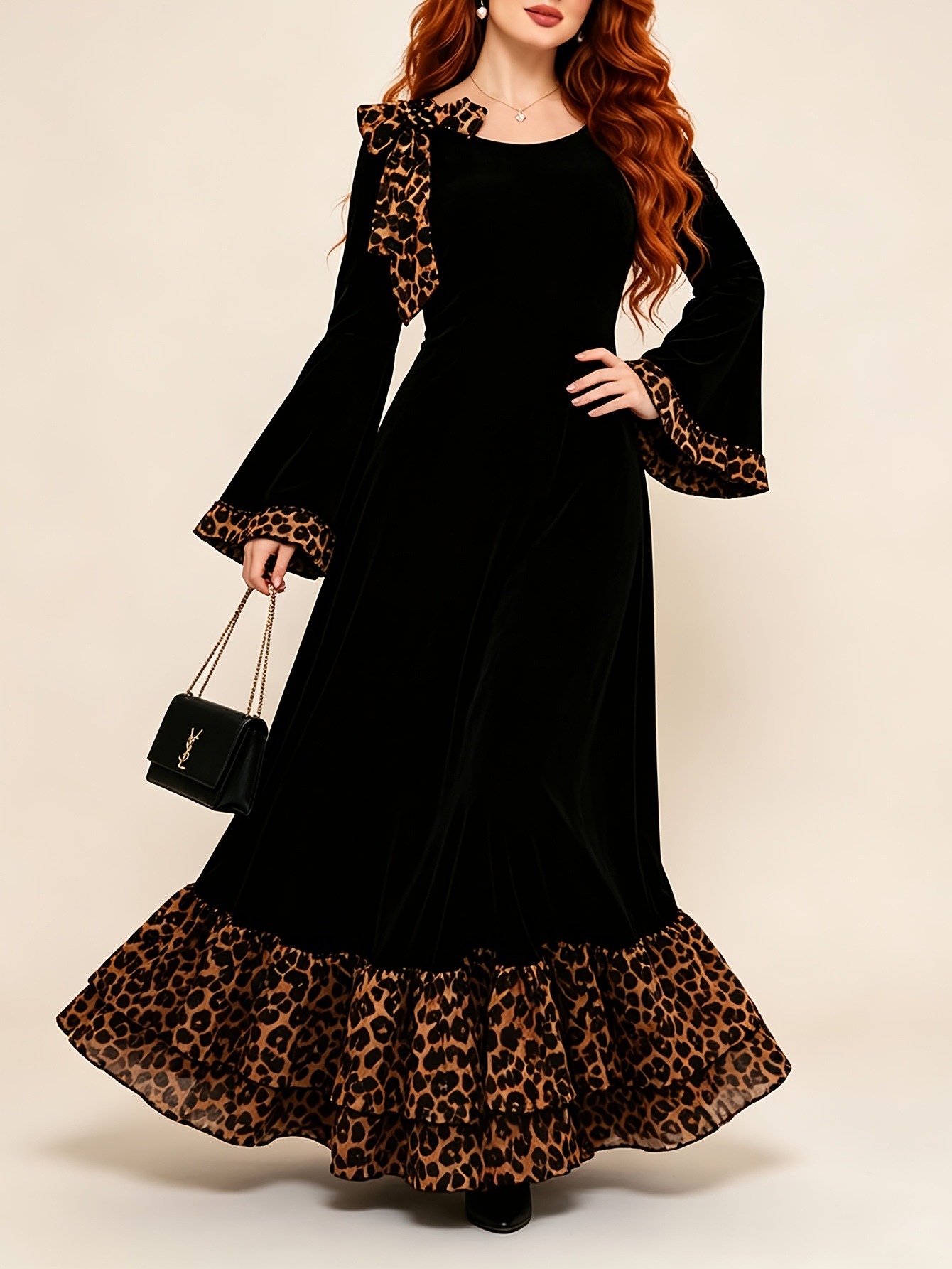 Women’s Elegant Leopard Print Panelled Velvet Midi Dress 