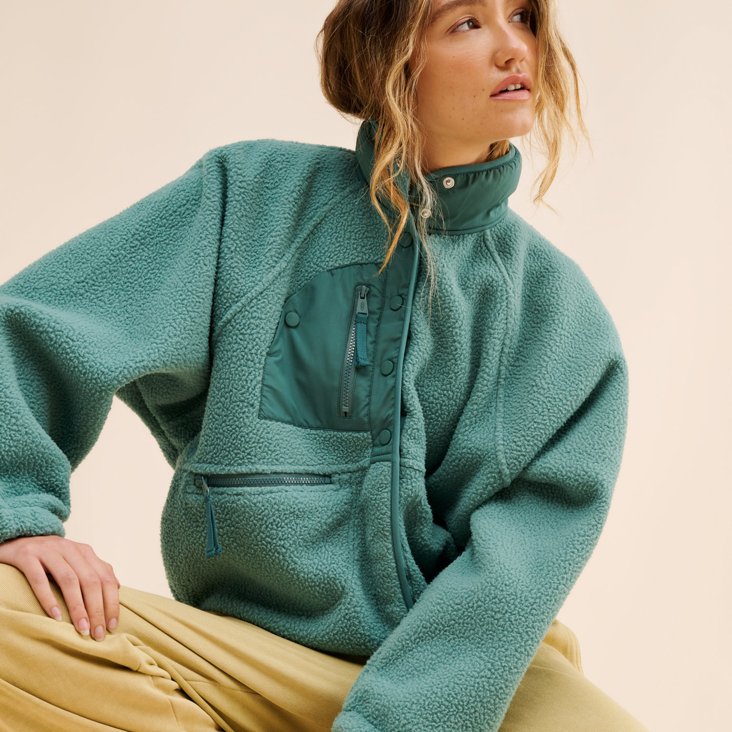 Women’s Color-Block Fleece Jacket with Stand Collar, Zipper & Snap Closure