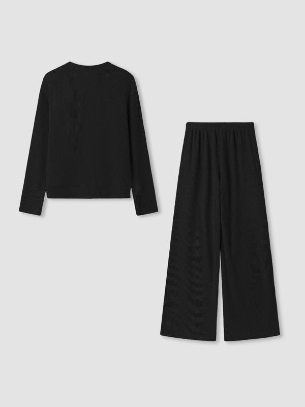 Women’s Casual Knit Two-Piece Set – Comfortable Long-Sleeve Sweater & Wide-Leg Trousers