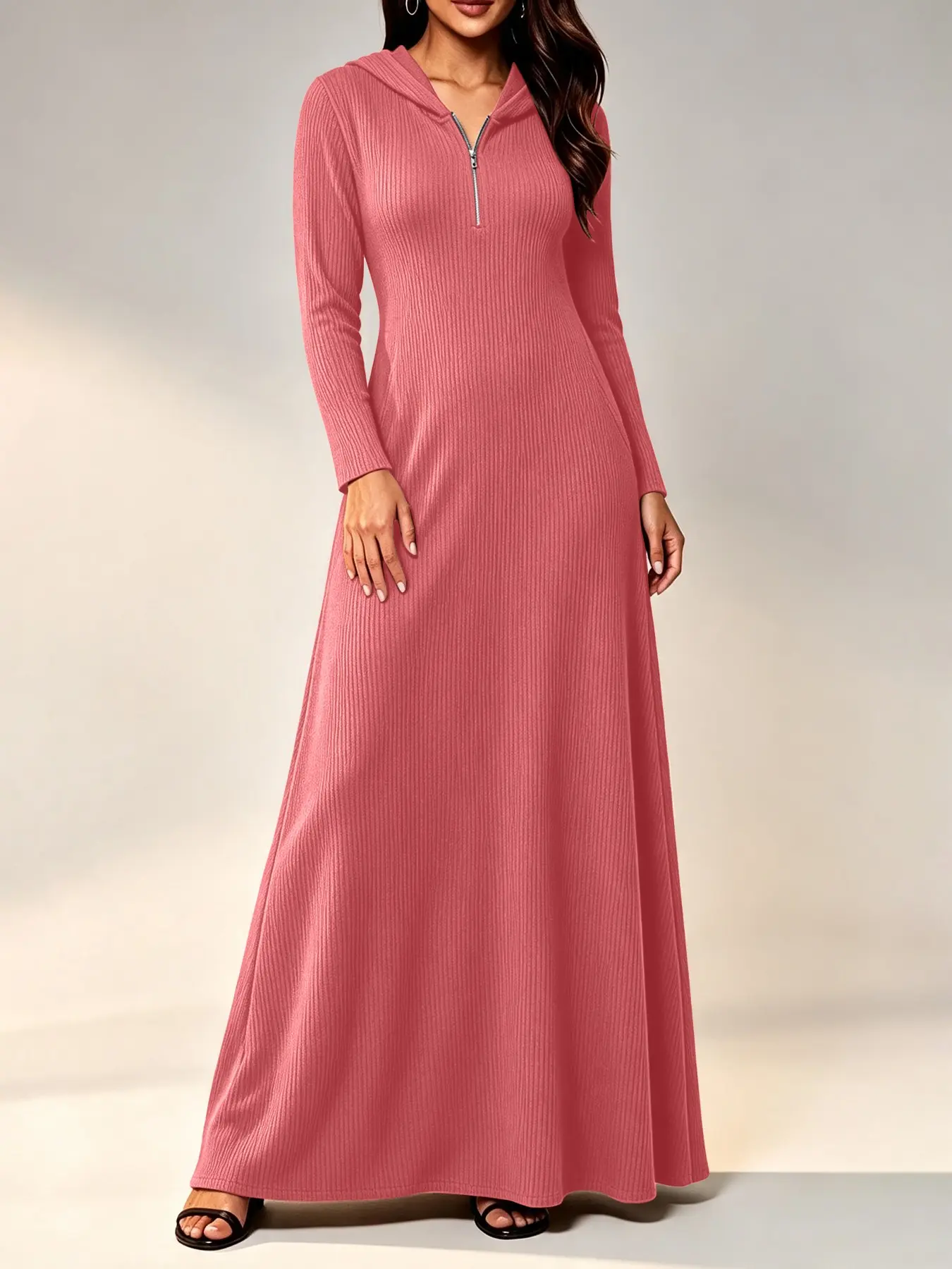 Women's Boho Half-Zip Hooded Knit A-Line Long Dress