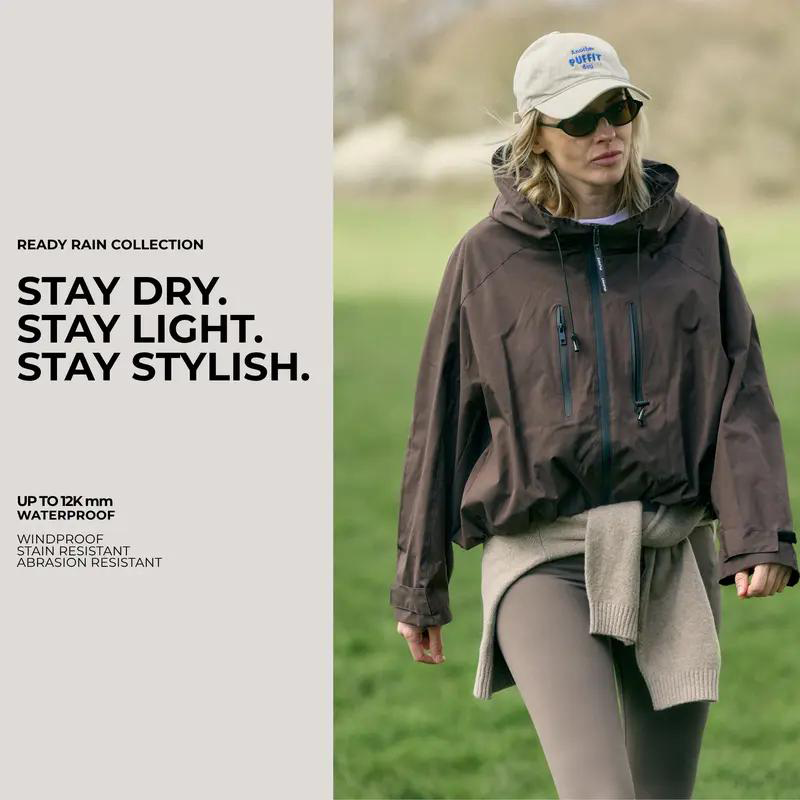 Women’s Hooded Rain Jacket – Short Waterproof Windbreaker with Pleated Hem