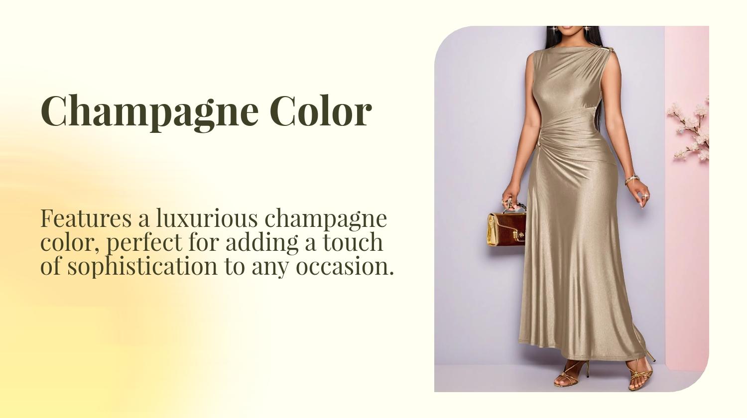 Champagne Color Asymmetric Metal Button Dress, Sleeveless Long Dress, Slim Fit, Elegant Formal Evening Gown, Party Wear, Office Style, Yhsp105