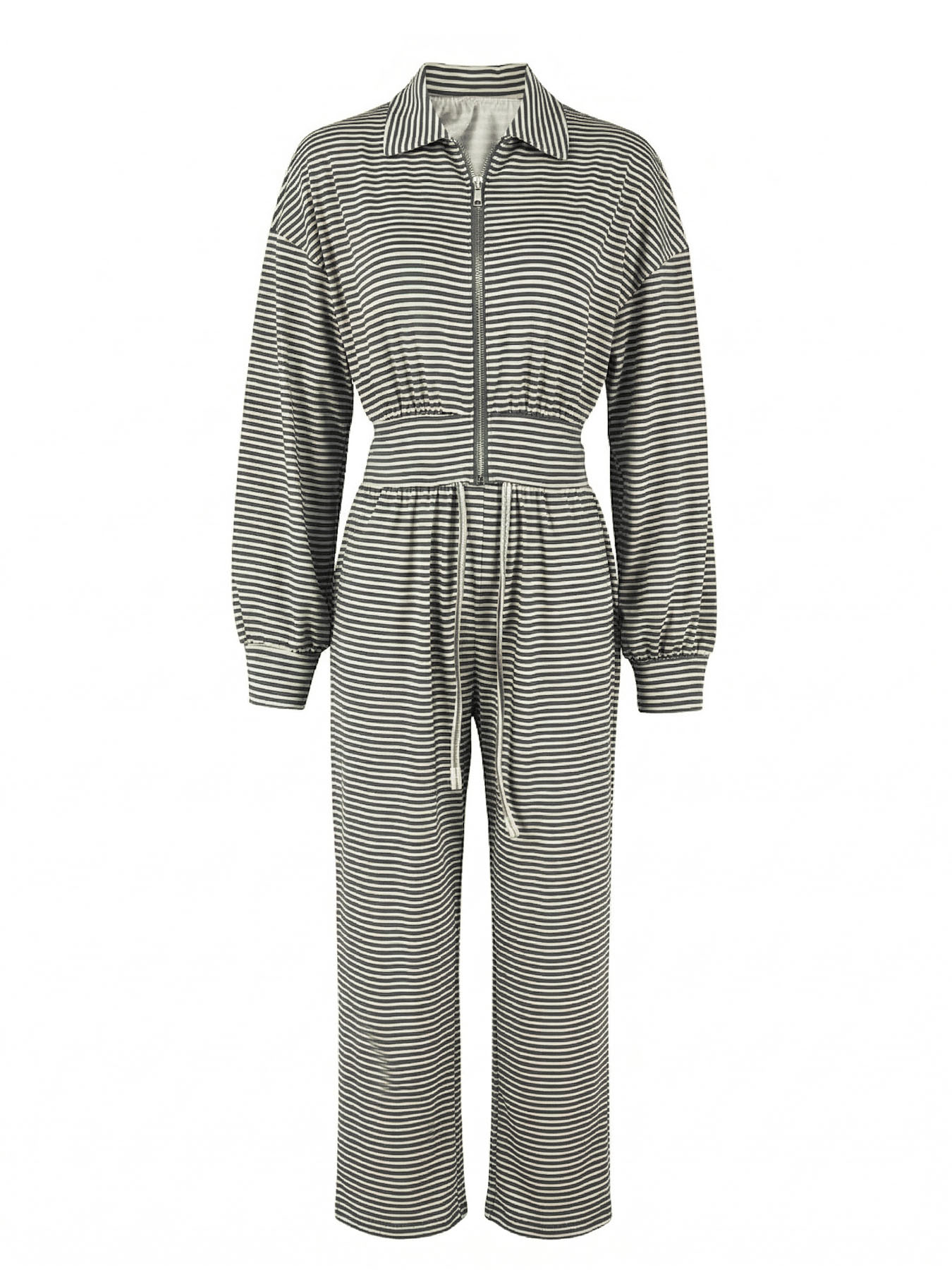 Women’s Autumn Two-Piece Set – Striped Zip-Up Stand-Collar Cardigan & Wide-Leg Trousers