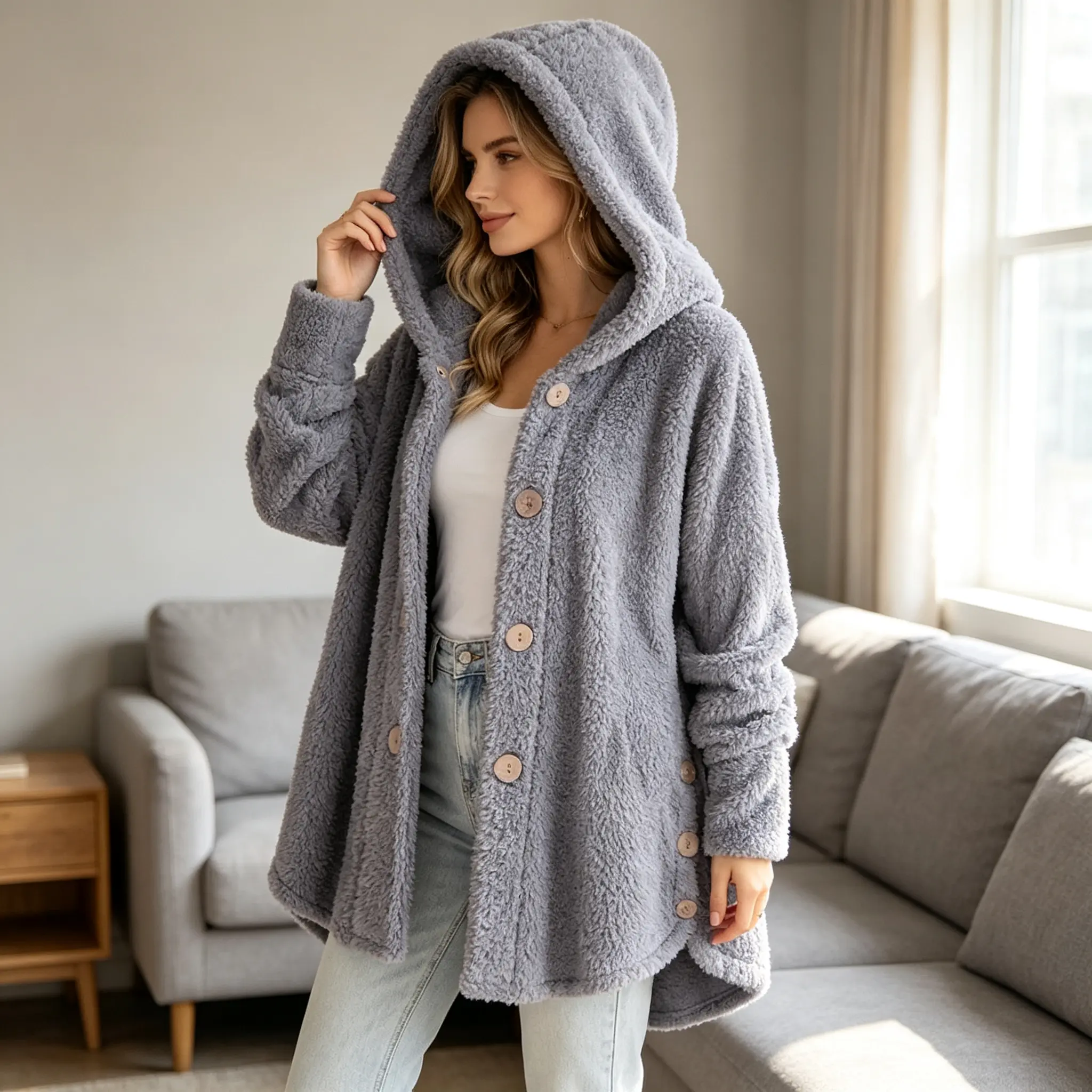 Women's 2026 Winter European-American Plush Round Neck Coats - Thick, Warm, Breathable, Irregular Solid Color Button Sports Outerwear, Female Casual Athletic Outdoor Wear Top