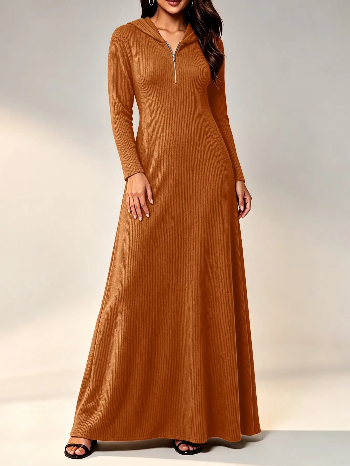 Women's Boho Half-Zip Hooded Knit A-Line Long Dress