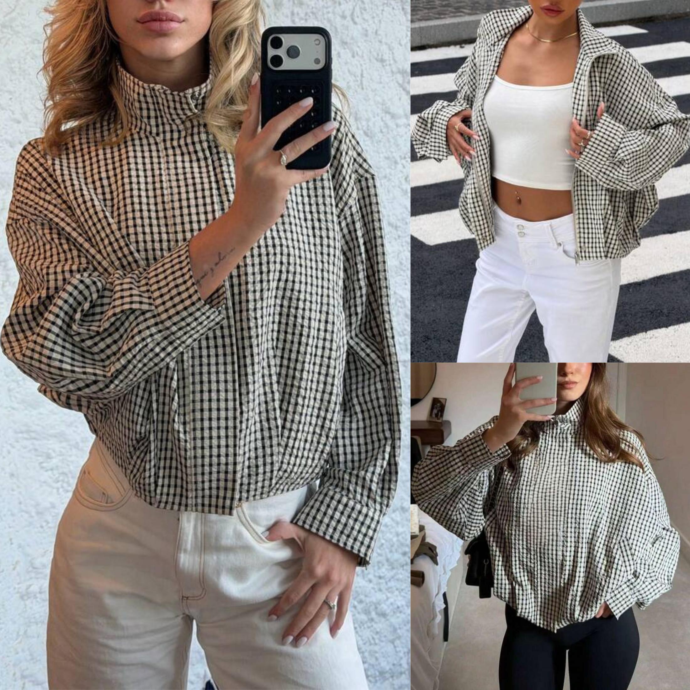 YeeZaa Women's Gingham Plaid Jacket Cropped Zip Up Stand Collar Oversized Jackets with Batwing Sleeves Loose Casual Lightweight Coats 2026 Fall Outfit with Pockets Back to School First Day Outfit