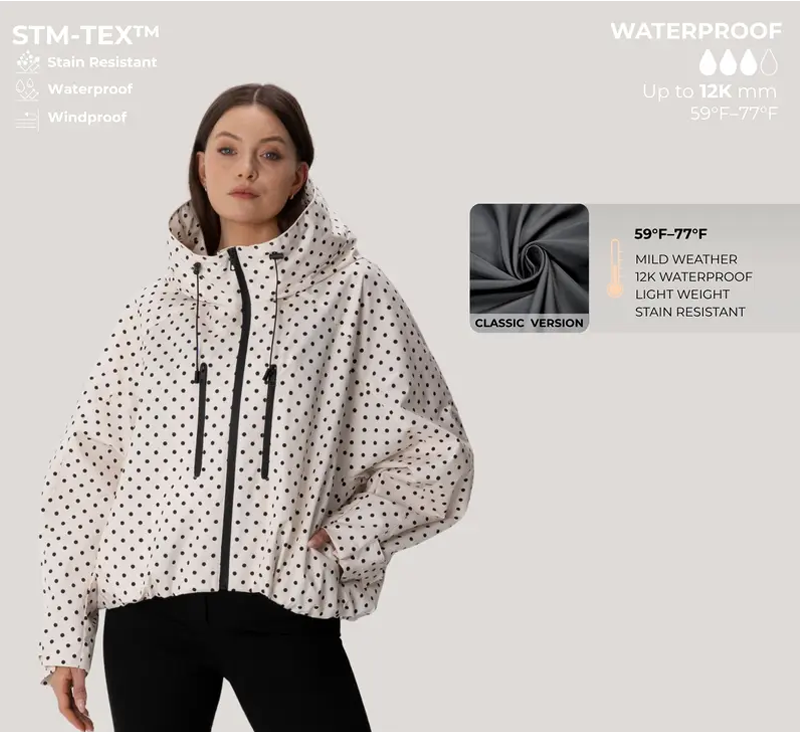 Women’s Hooded Rain Jacket – Short Waterproof Windbreaker with Pleated Hem