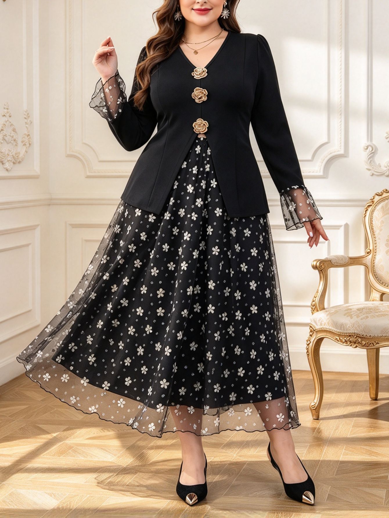 Women’s Plus Size Elegant Two-Piece Set – Stylish Top & Mesh Midi Skirt