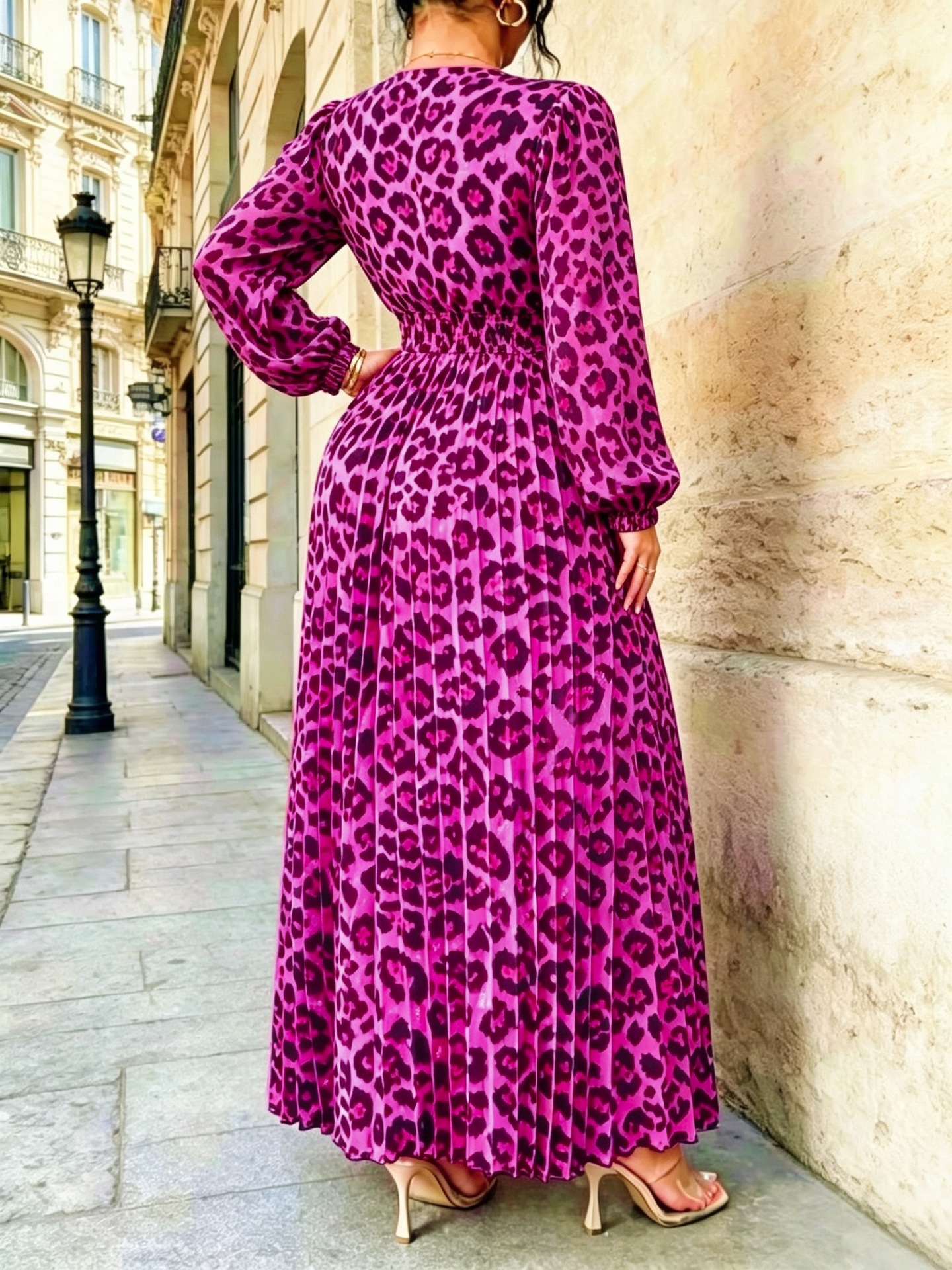 Women’s Plus Size V-Neck Leopard Print Panelled Midi Dress with Waist Belt