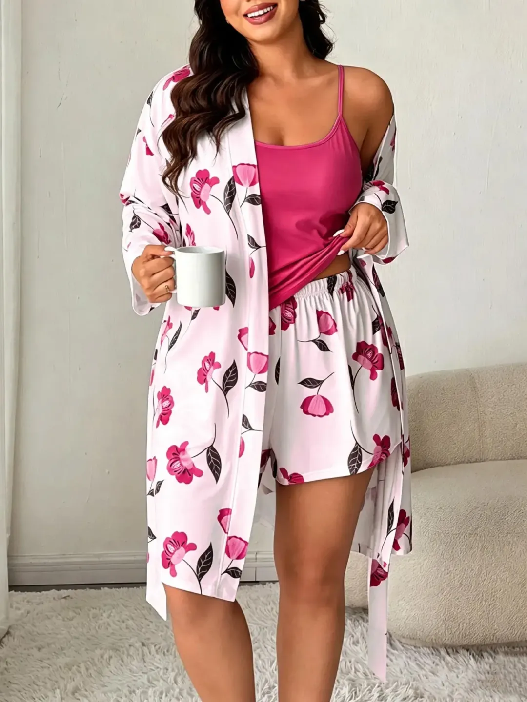 Women's Plus Size Floral Pajama Set with Robe