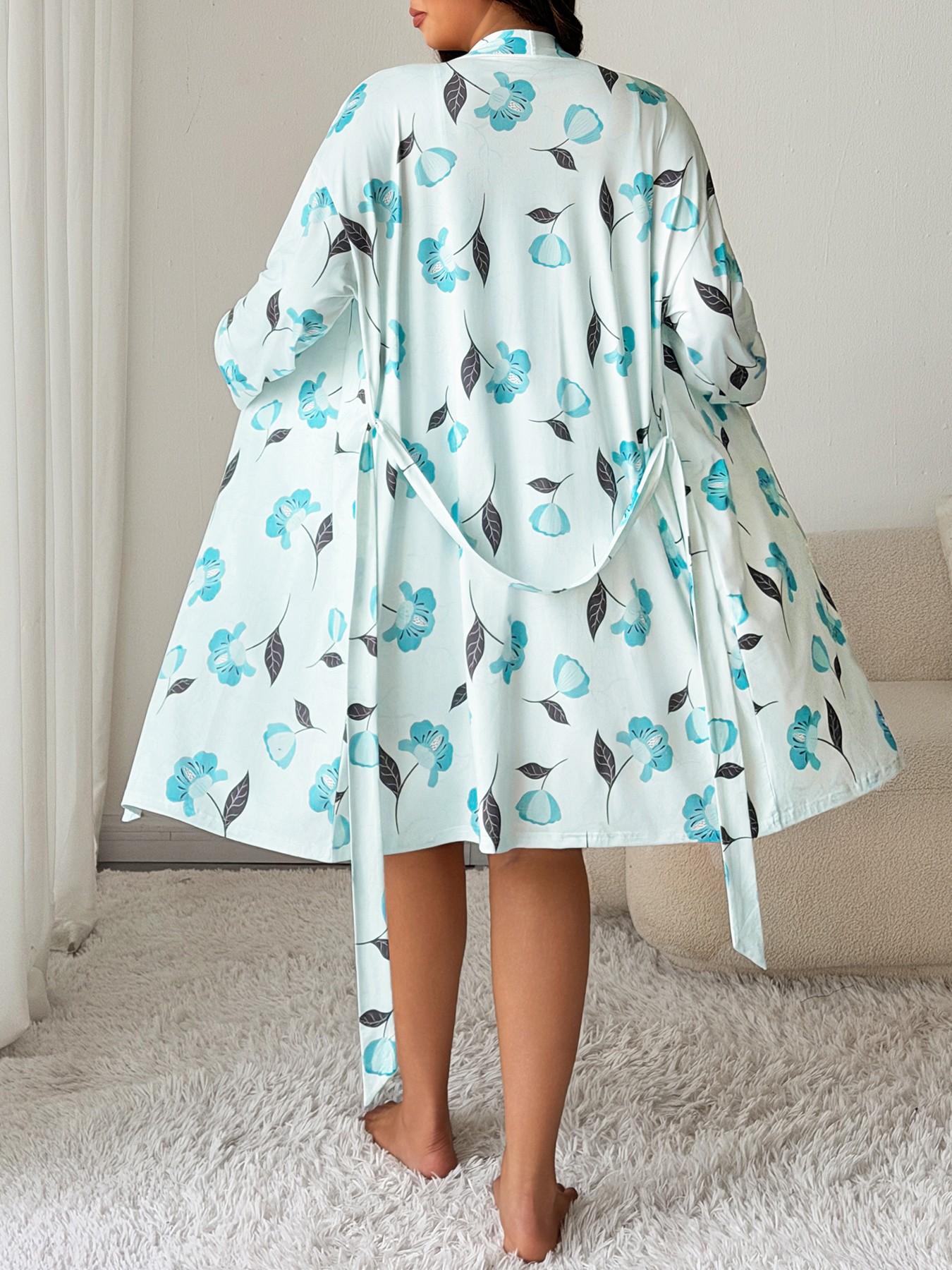 Women's Plus Size Sleepwear Set, Floral Print Tank Top Shorts + Printed Belted Robe, Soft Home Wear, Casual Spring & Fall