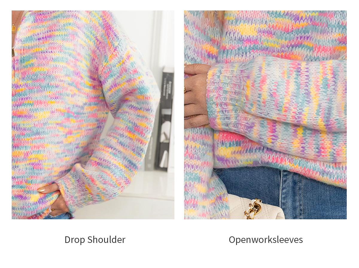 Chicovar Women's Quarter Zip Sweater, Colorful Rainbow Striped, Wool Blend, Oversized Knit Pullover with Stand Collar, Drop Shoulder Long Sleeve Cozy Sweater for Early Fall, Casual Wear, Coffee Runs, Weekend Outfits