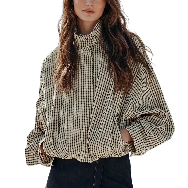Women's Gingham Plaid Cropped Zip Jacket