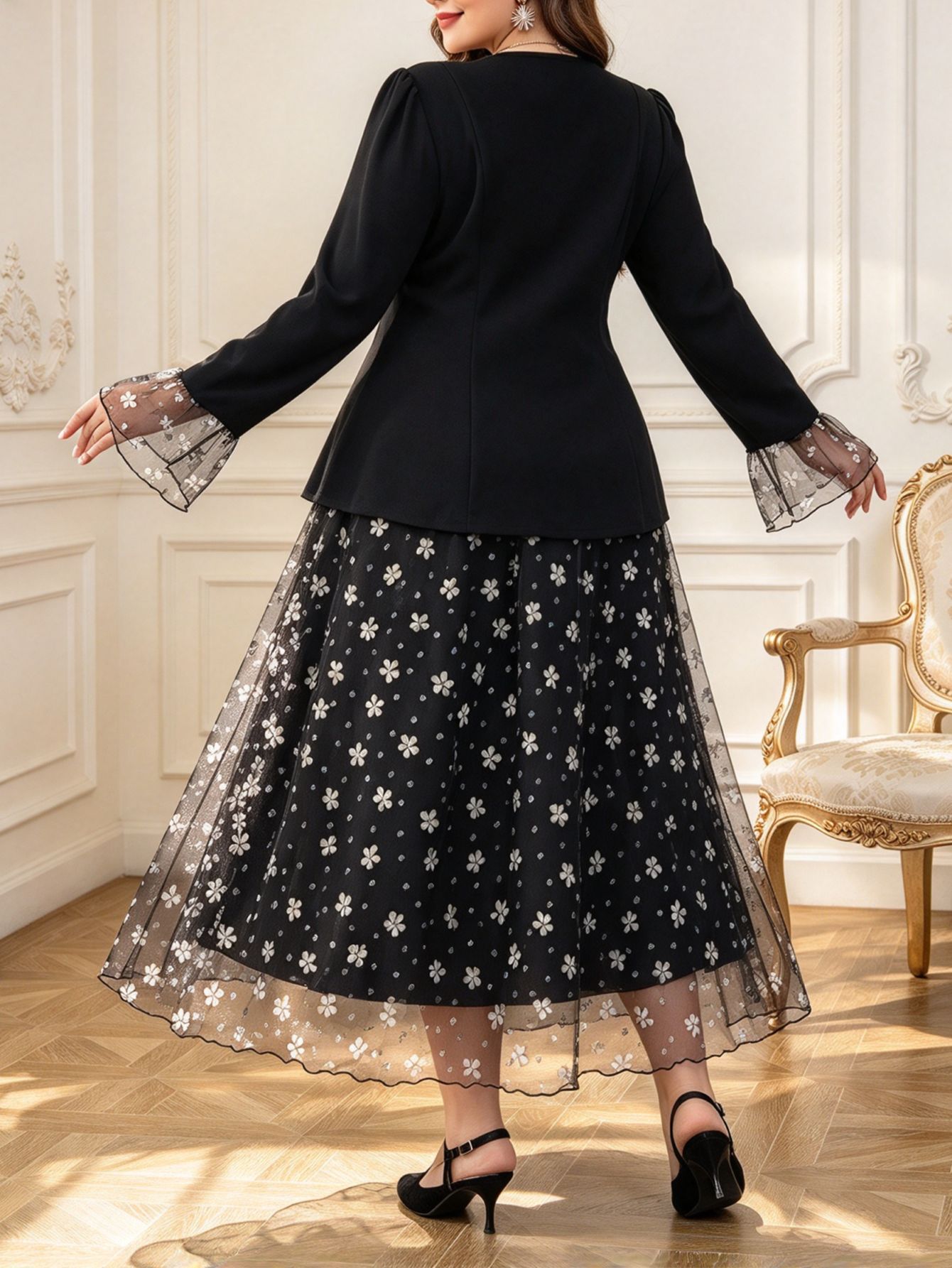 Women’s Plus Size Elegant Two-Piece Set – Stylish Top & Mesh Midi Skirt