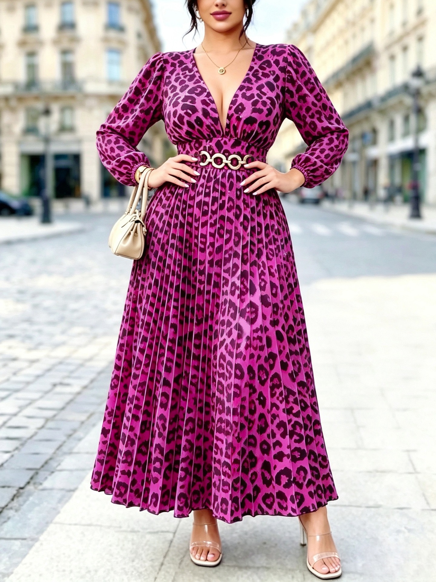 Women’s Plus Size V-Neck Leopard Print Panelled Midi Dress with Waist Belt