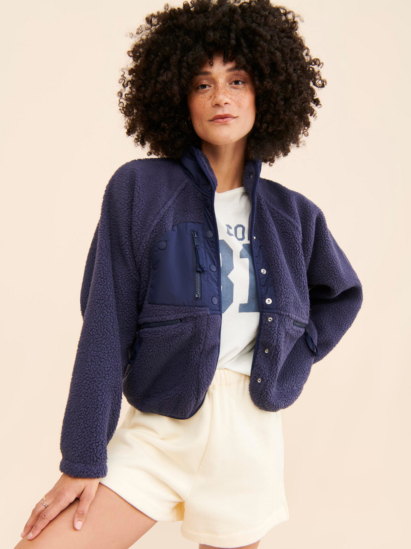 Women’s Color-Block Fleece Jacket with Stand Collar, Zipper & Snap Closure