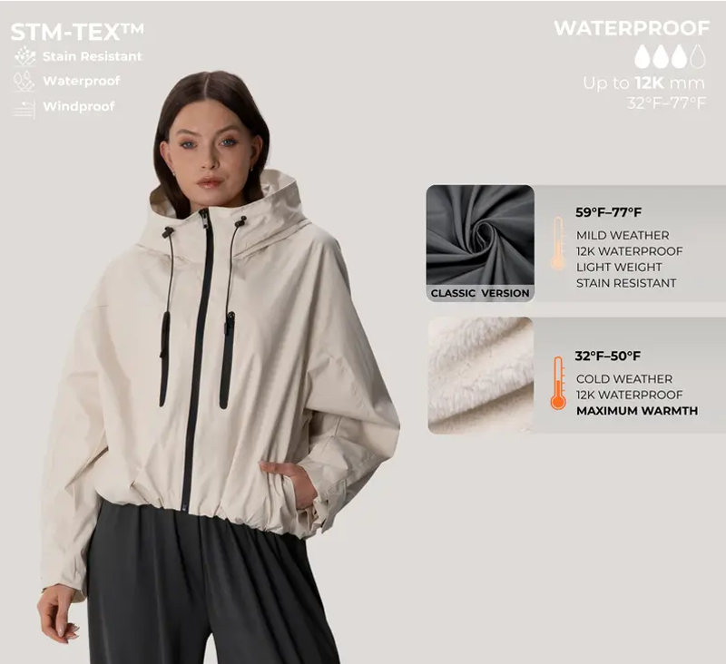 Women’s Hooded Rain Jacket – Short Waterproof Windbreaker with Pleated Hem