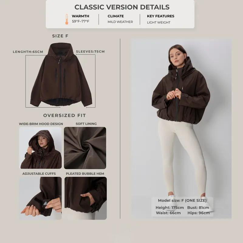 Women’s Hooded Rain Jacket – Short Waterproof Windbreaker with Pleated Hem