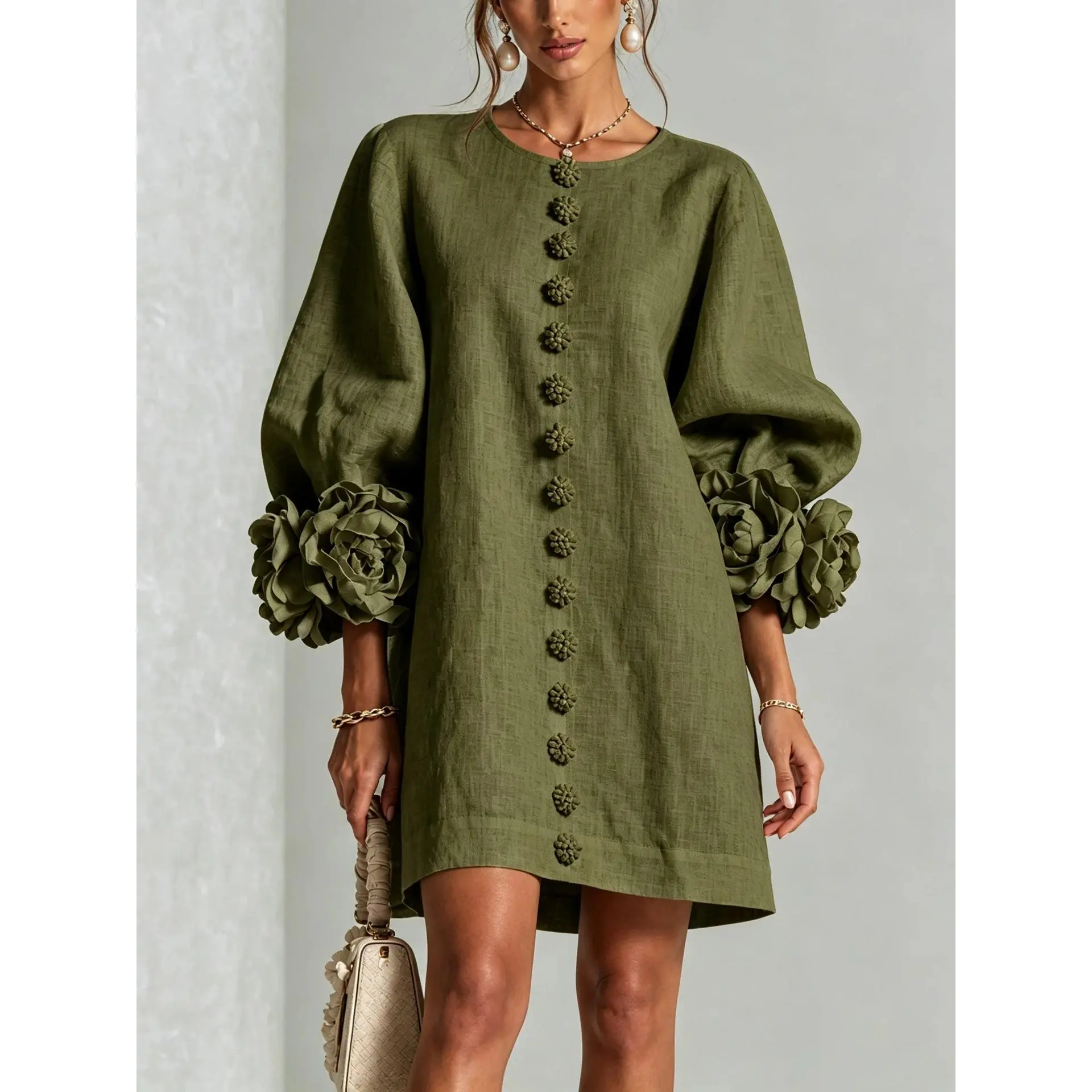 Plus Size Tall Women's Elegant Floral Cuff Linen Dress with Puff Sleeves