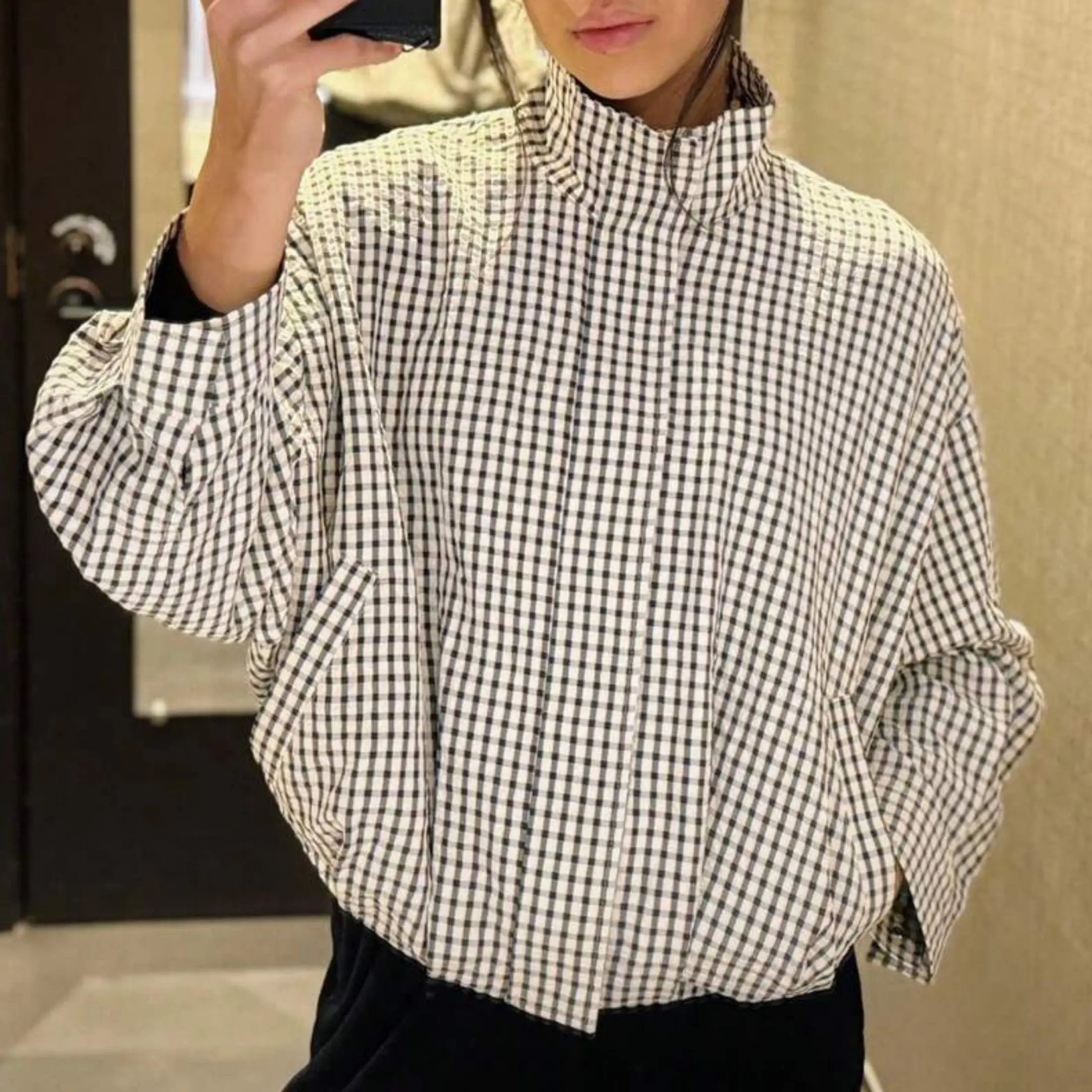 Women's Gingham Plaid Cropped Zip Jacket