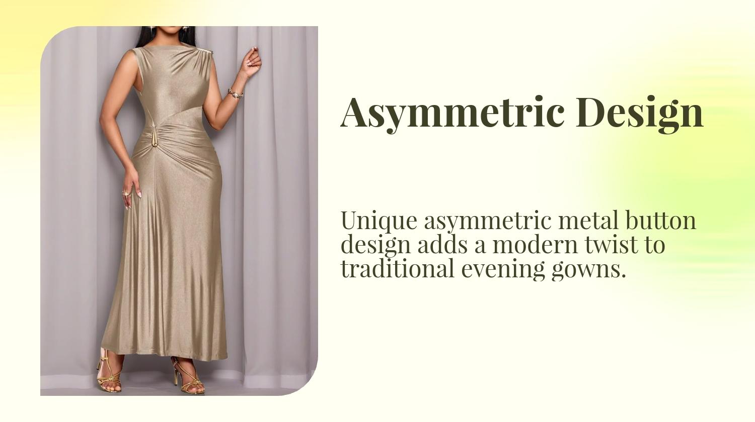 Champagne Color Asymmetric Metal Button Dress, Sleeveless Long Dress, Slim Fit, Elegant Formal Evening Gown, Party Wear, Office Style, Yhsp105