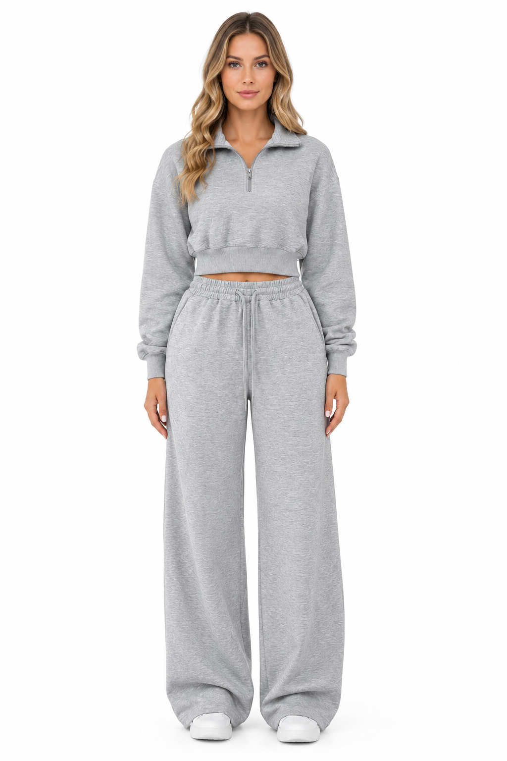 Women’s Autumn/Winter Two-Piece Set – Collared Sweatshirt & Drawstring Wide-Leg Trousers