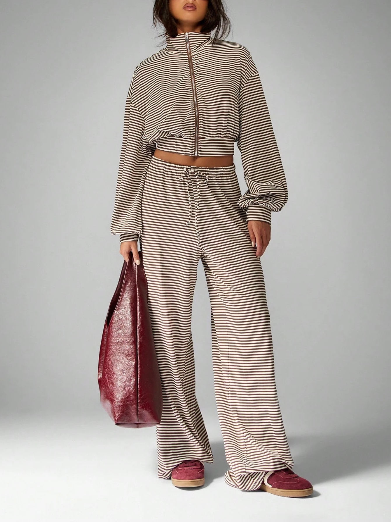Women’s Autumn Two-Piece Set – Striped Zip-Up Stand-Collar Cardigan & Wide-Leg Trousers