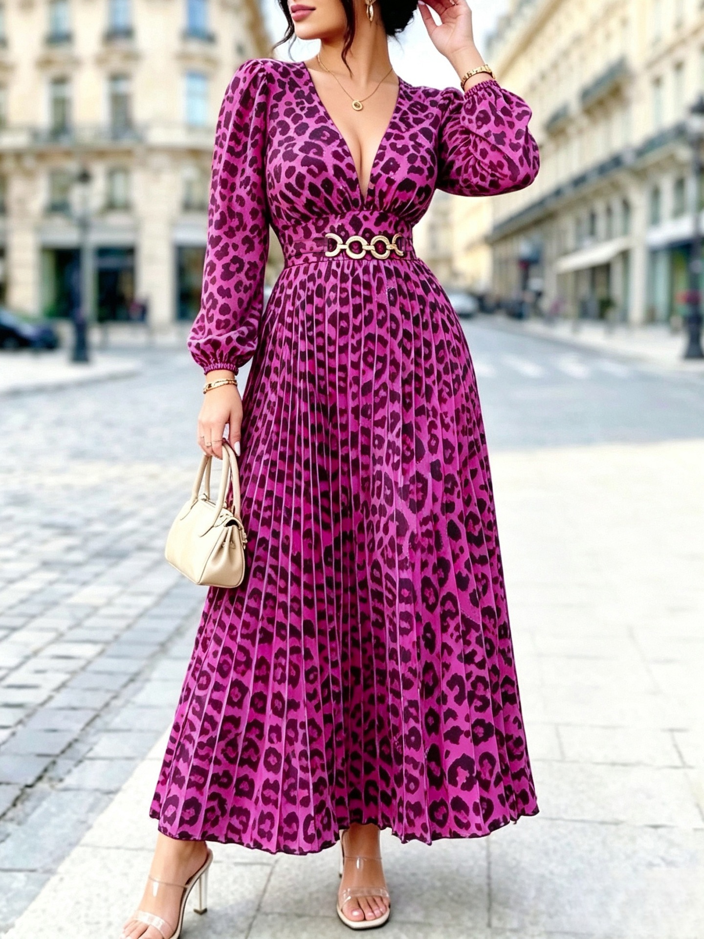 Women’s Plus Size V-Neck Leopard Print Panelled Midi Dress with Waist Belt