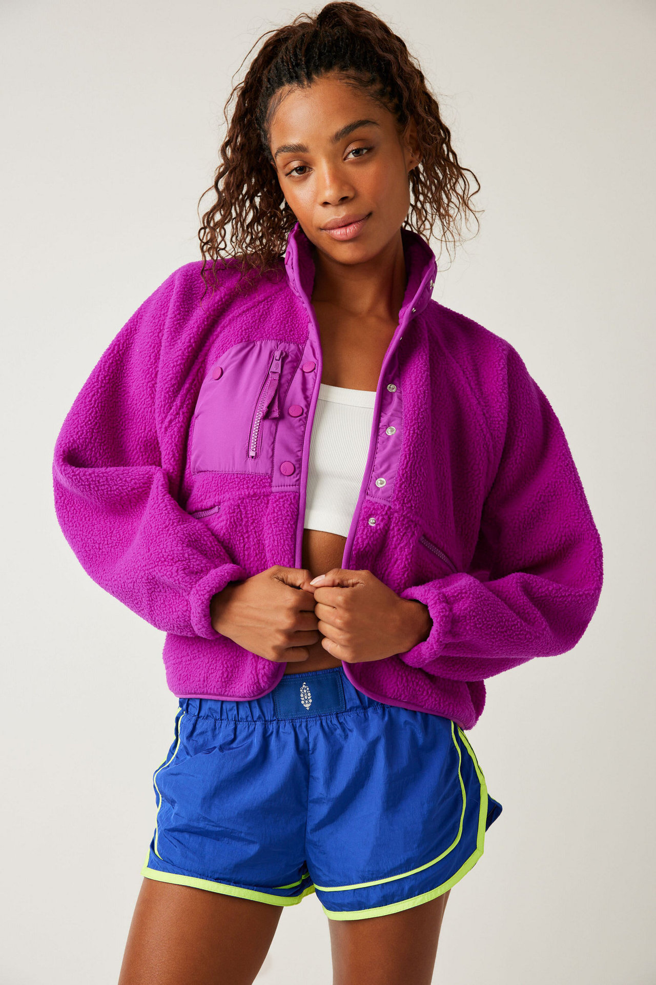 Women’s Color-Block Fleece Jacket with Stand Collar, Zipper & Snap Closure