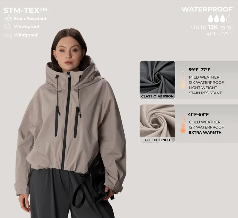 Women’s Hooded Rain Jacket – Short Waterproof Windbreaker with Pleated Hem