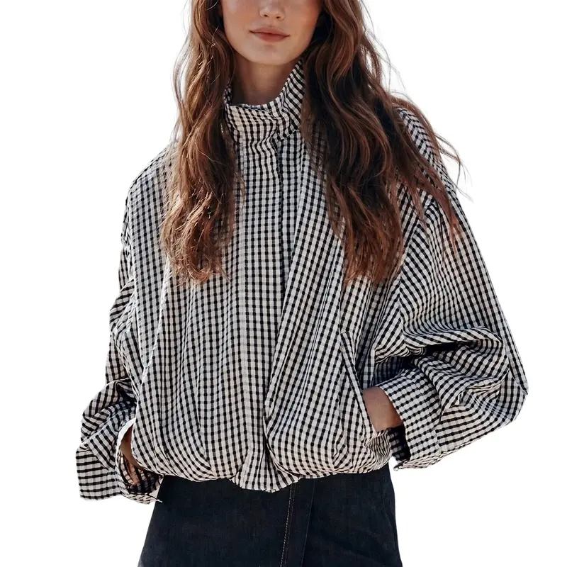 Women's Gingham Plaid Cropped Zip Jacket