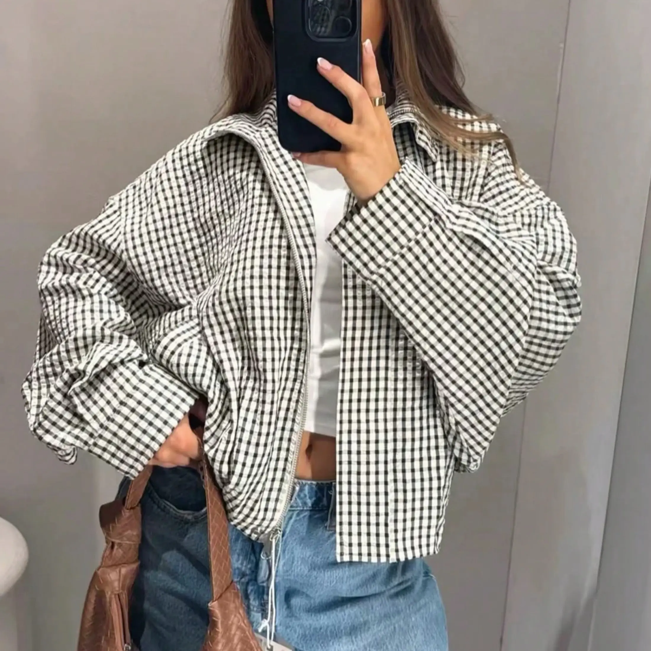 Women's Gingham Plaid Cropped Zip Jacket