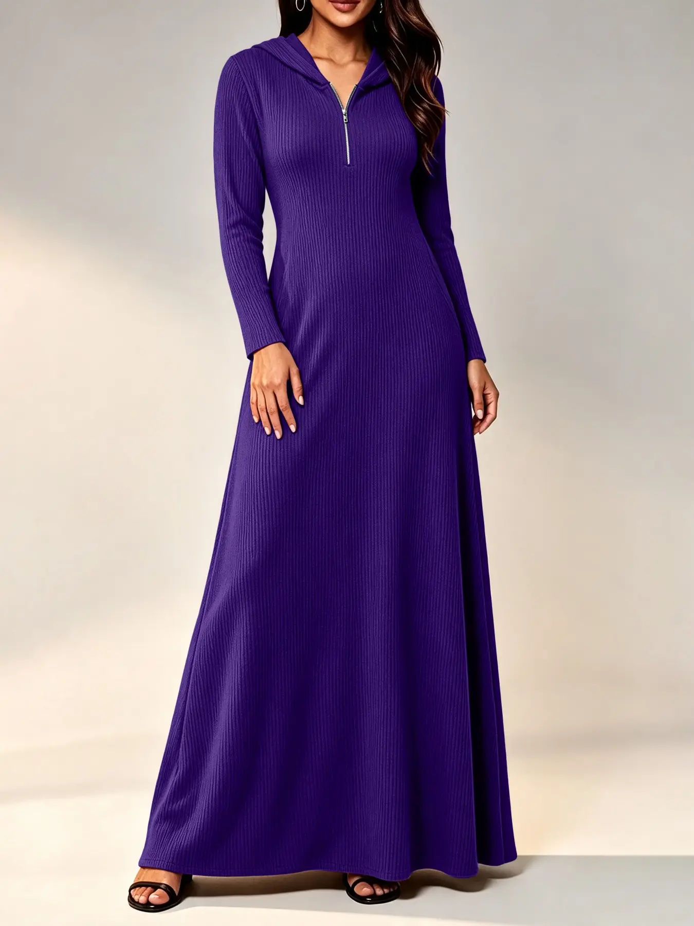 Women's Boho Half-Zip Hooded Knit A-Line Long Dress