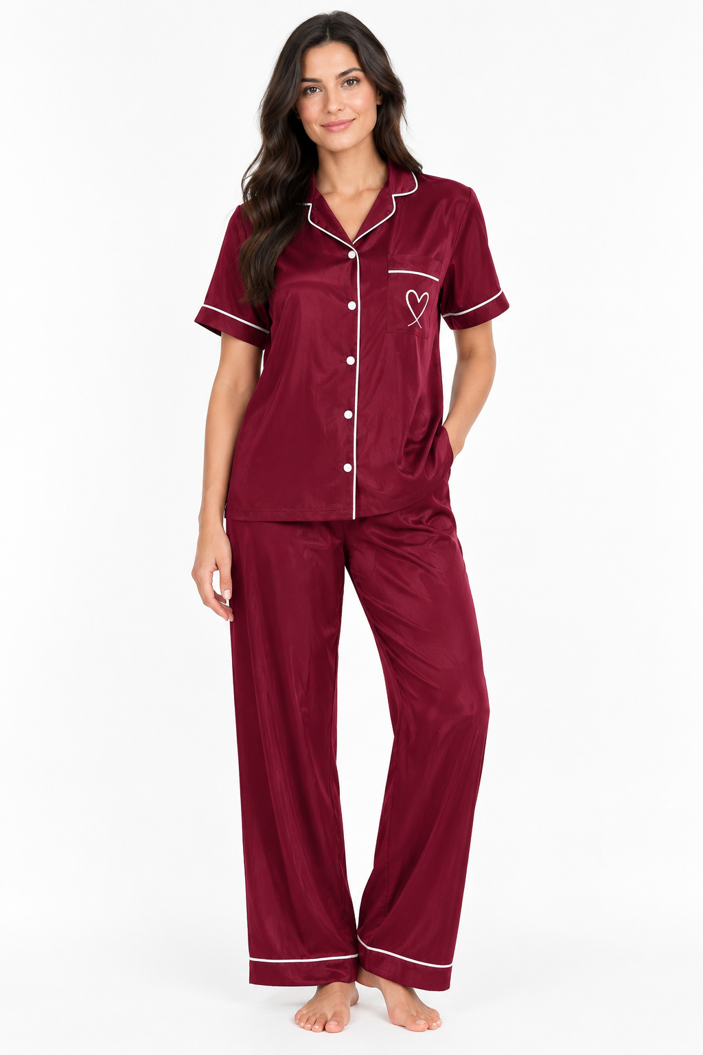 Women's Fitted Heart Embroidery Pajama Set, Polyester