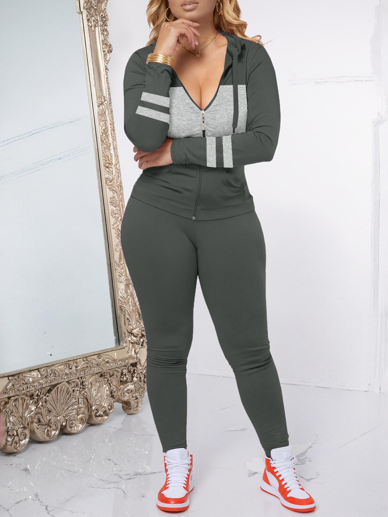 Women's 2026 Autumn/Winter Spliced 2-Piece Casual Hooded Jacket & Full-Length Pants Set, Fitted Cut Polyester Blend, Machine Washable, for Yoga Sports Casual Wear
