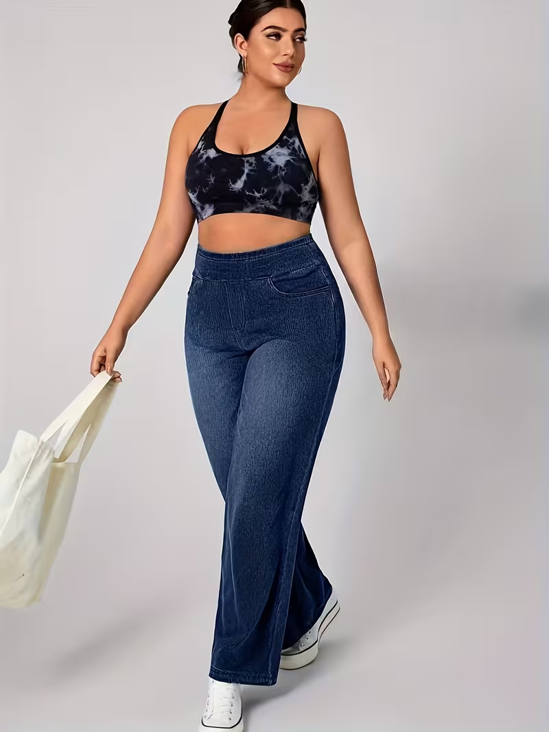 LADIES 360 STRETCHY WIDE LEG HIGH WAIST COTTON JEANS BREATHABLE COTTON SUPER STRTETCH FITS 3 SIZES FROM SIZE 8-24 PLUS SIZE LADIES JEANS