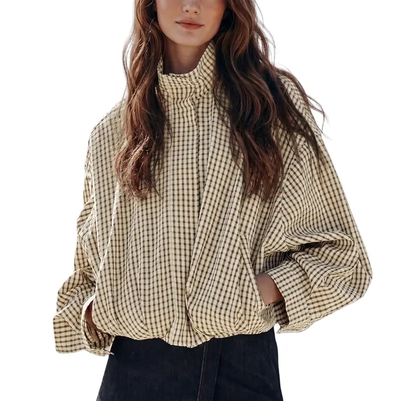 Women's Gingham Plaid Cropped Zip Jacket