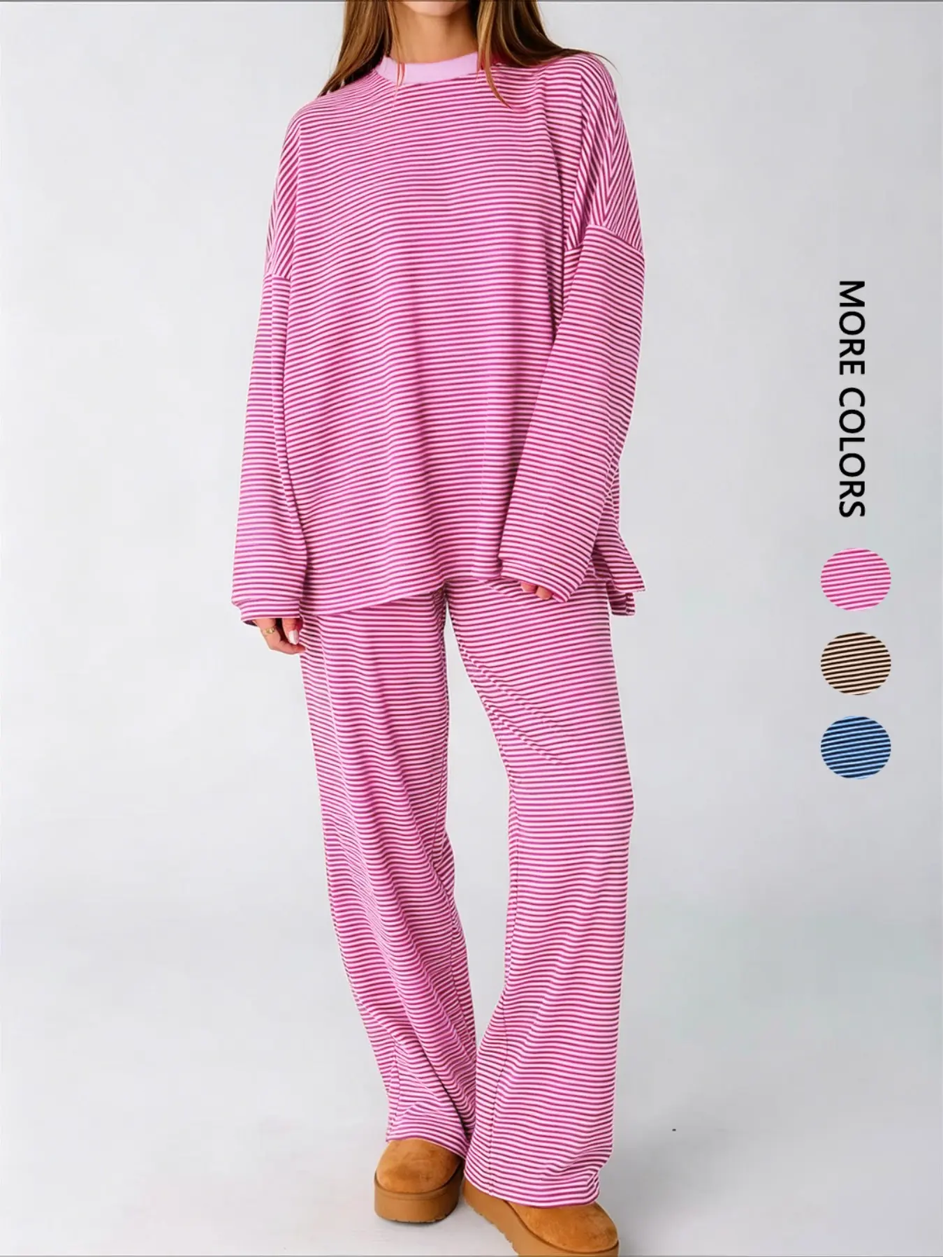 Women's Striped Lounge Set Oversized Crew Neck Top & Pants