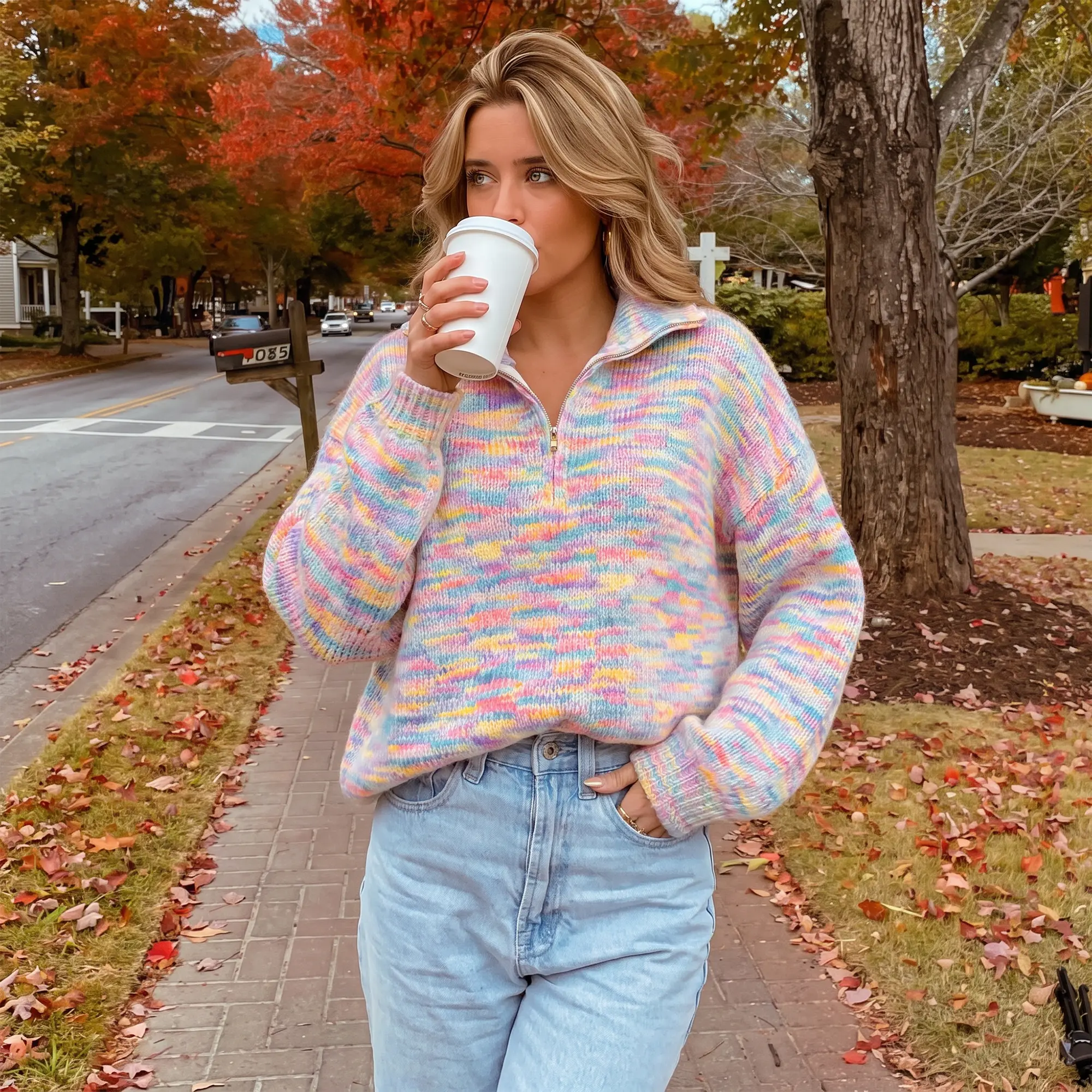 Women's Colorful Rainbow Striped Wool Blend Quarter Zip Sweater