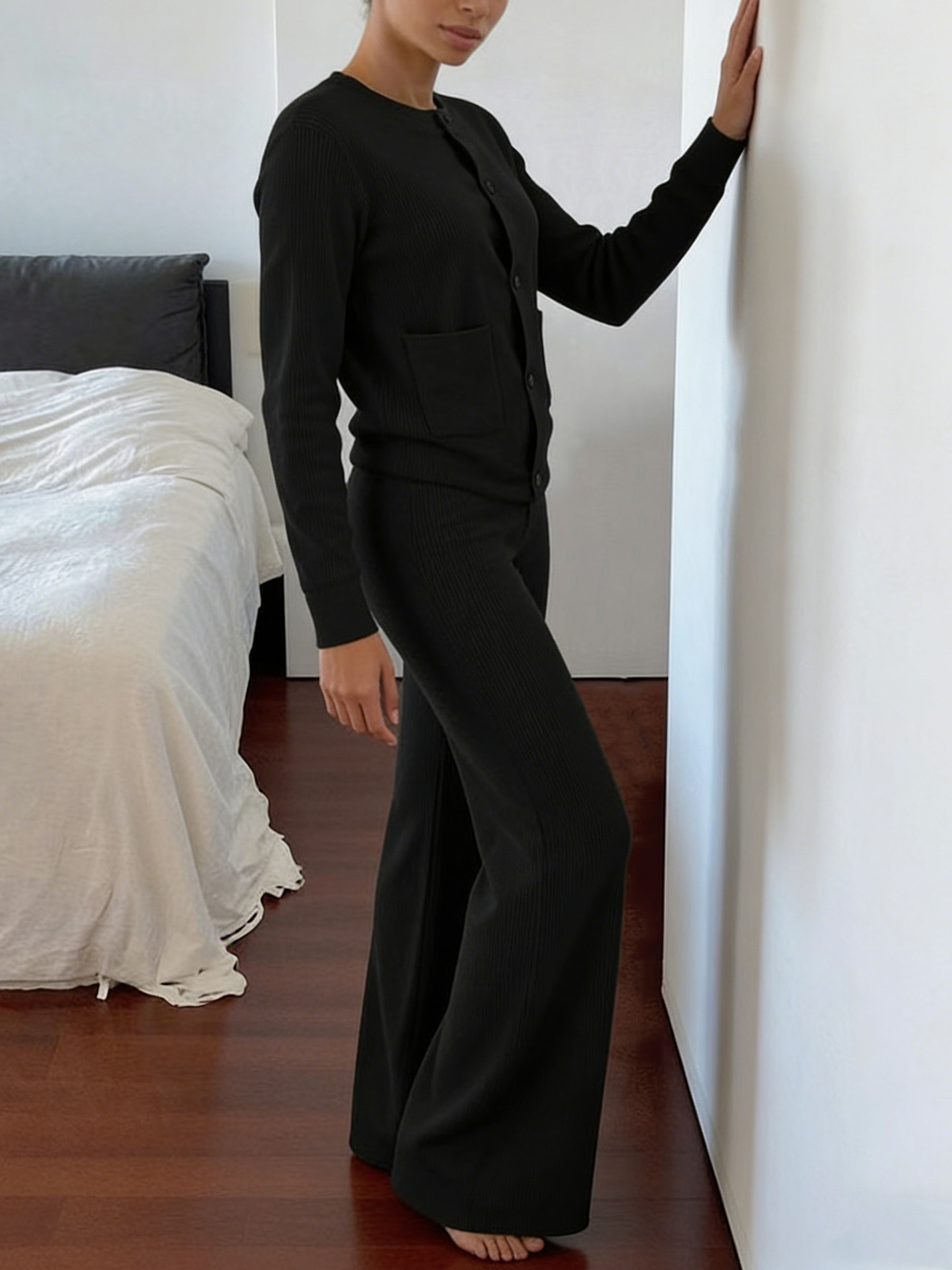 Women’s Casual Knit Two-Piece Set – Comfortable Long-Sleeve Sweater & Wide-Leg Trousers