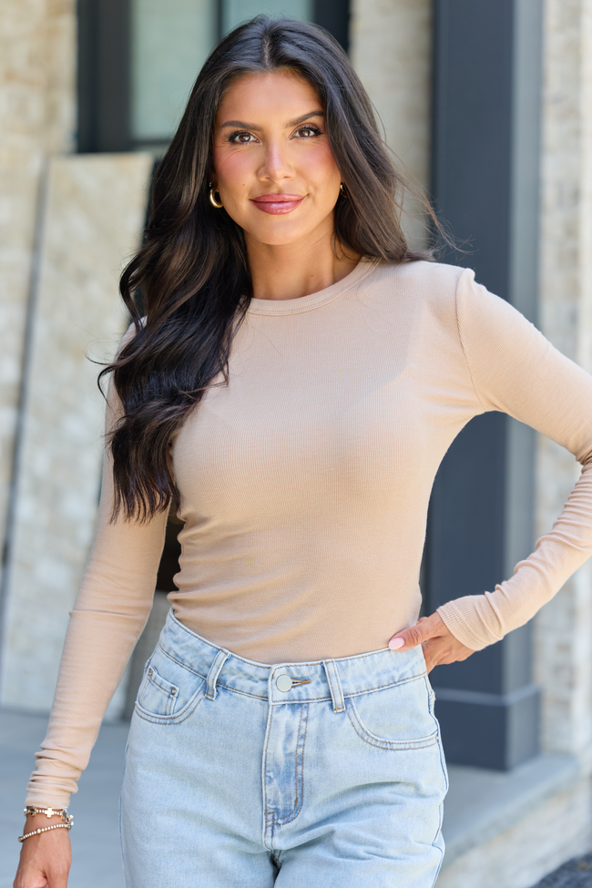 Tan Ribbed Long Sleeve Tee