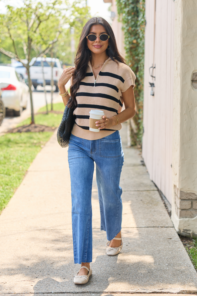 Beige And Black Quarter Zip Striped Short Sleeve Pullover