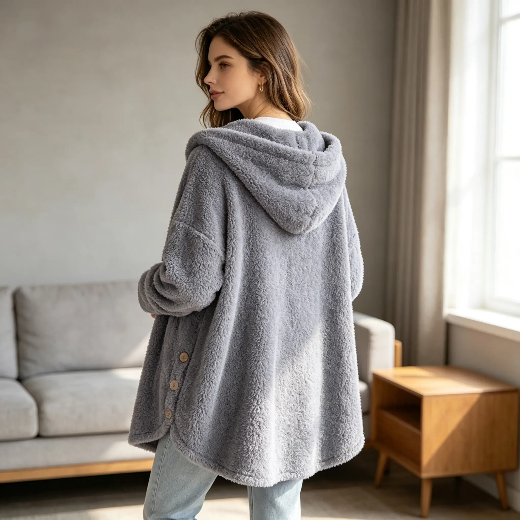 Women's 2026 Winter European-American Plush Round Neck Coats - Thick, Warm, Breathable, Irregular Solid Color Button Sports Outerwear, Female Casual Athletic Outdoor Wear Top