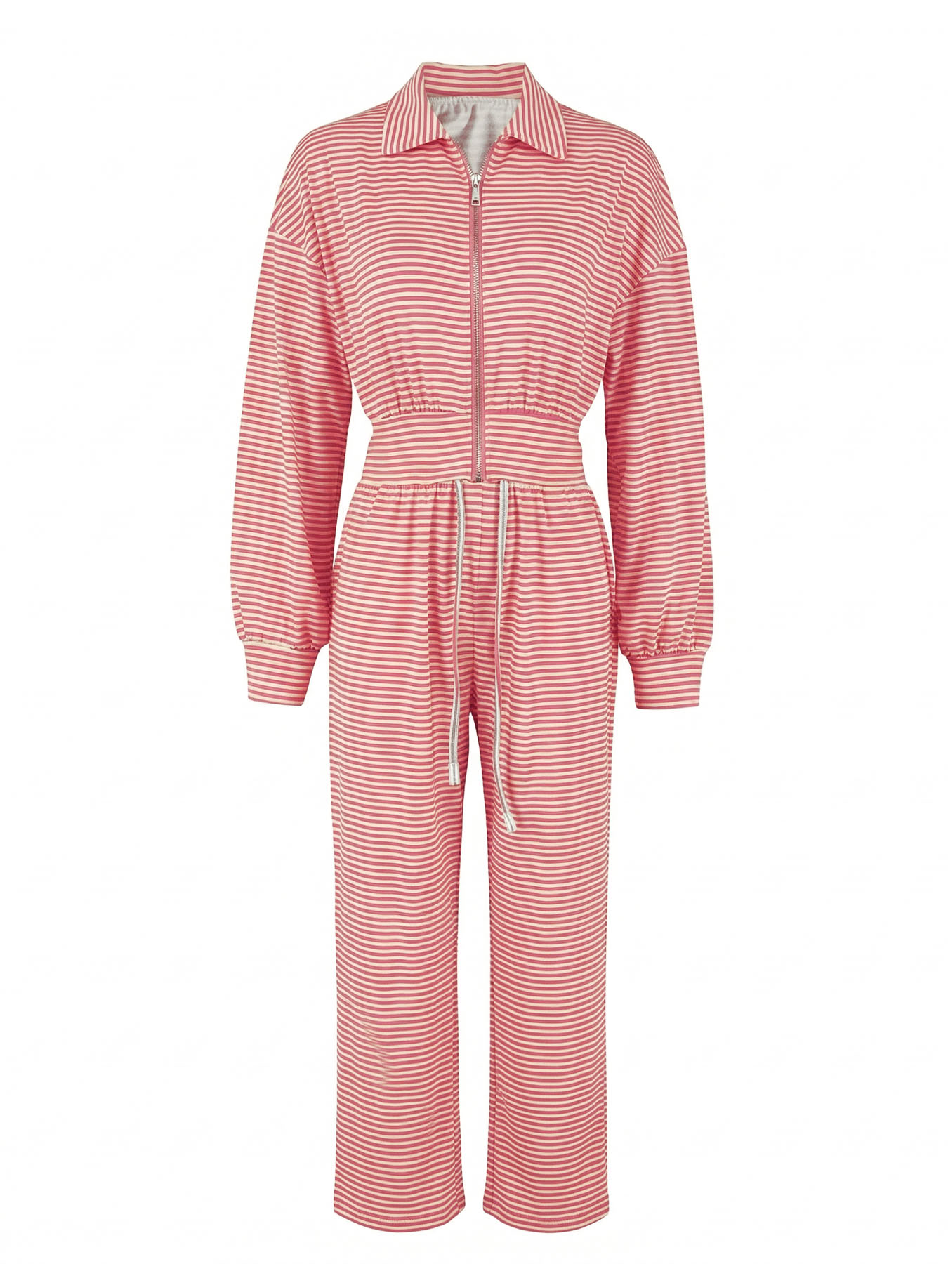 Women’s Autumn Two-Piece Set – Striped Zip-Up Stand-Collar Cardigan & Wide-Leg Trousers