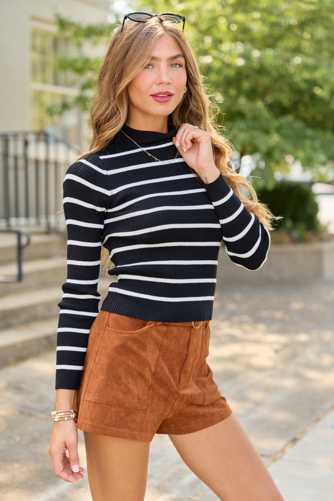 Black Striped Fitted Mock Neck Sweater