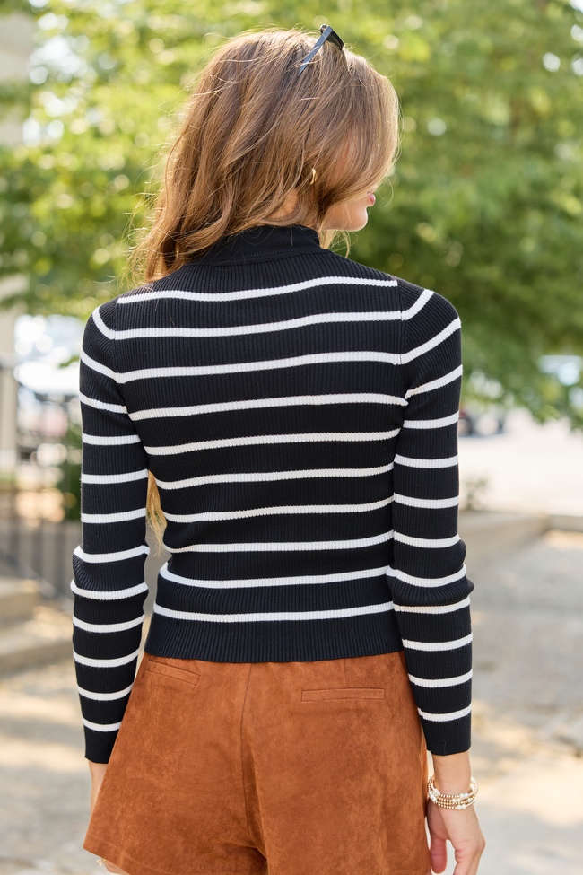 Black Striped Fitted Mock Neck Sweater