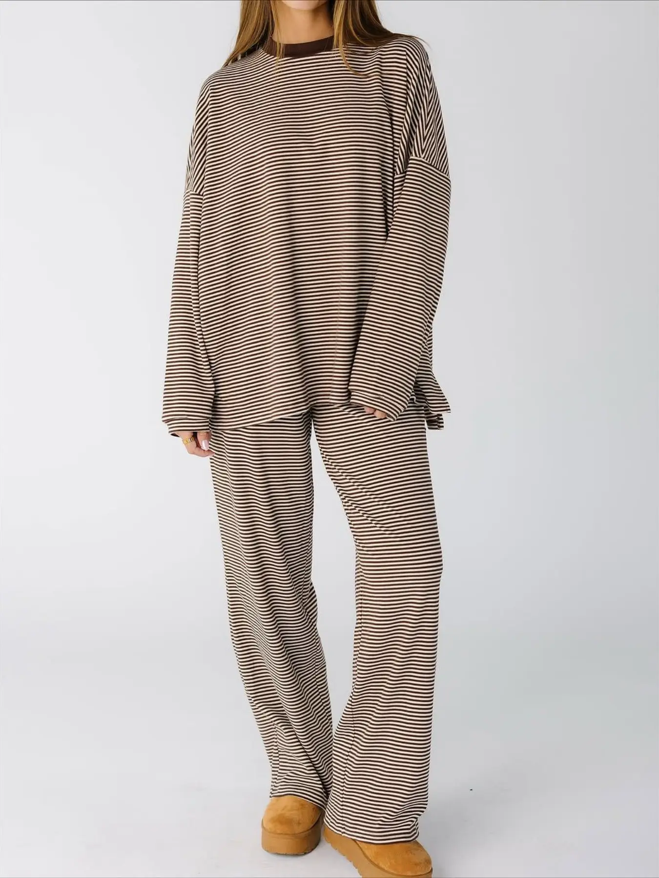 Women's Striped Lounge Set Oversized Crew Neck Top & Pants