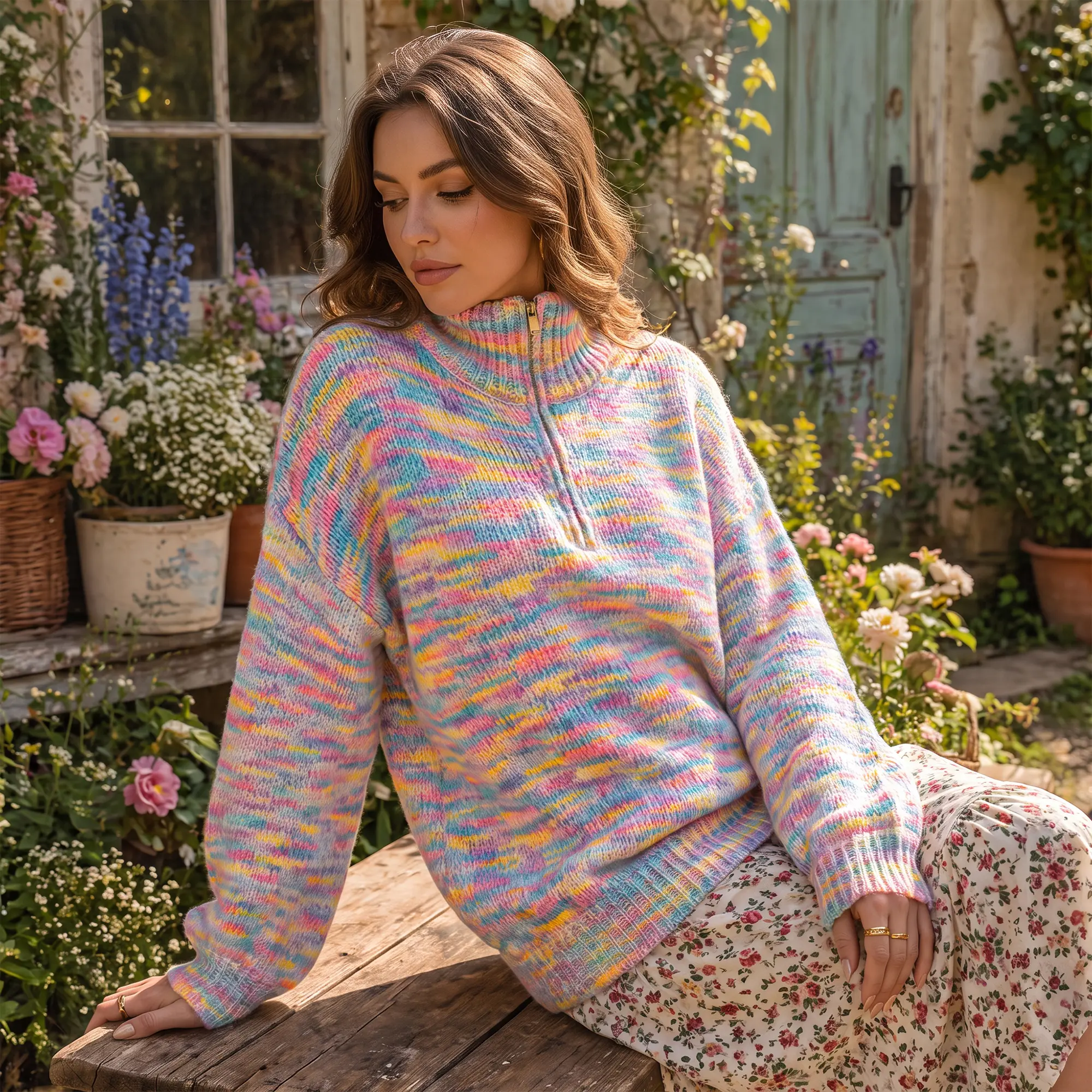 Women's Colorful Rainbow Striped Wool Blend Quarter Zip Sweater