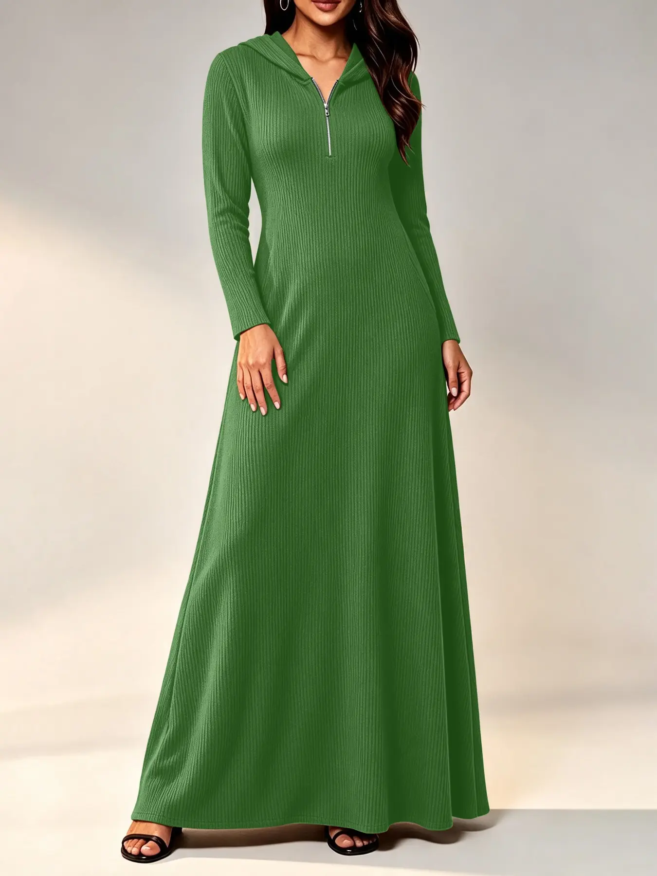 Women's Boho Half-Zip Hooded Knit A-Line Long Dress